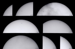 Roma, 7 maggio 2003. Inizio transito 07h 11m 50s, fine transito 12h 32m 23s. Telescopio Pronto Televue 70mm/480mm. Foto in proiezione di oculare da 20mm. Tempi da 1/8 a 1/15. Filtro Baader astrosolar, composizione di più foto su pellicola Kodak 100 TMAX B